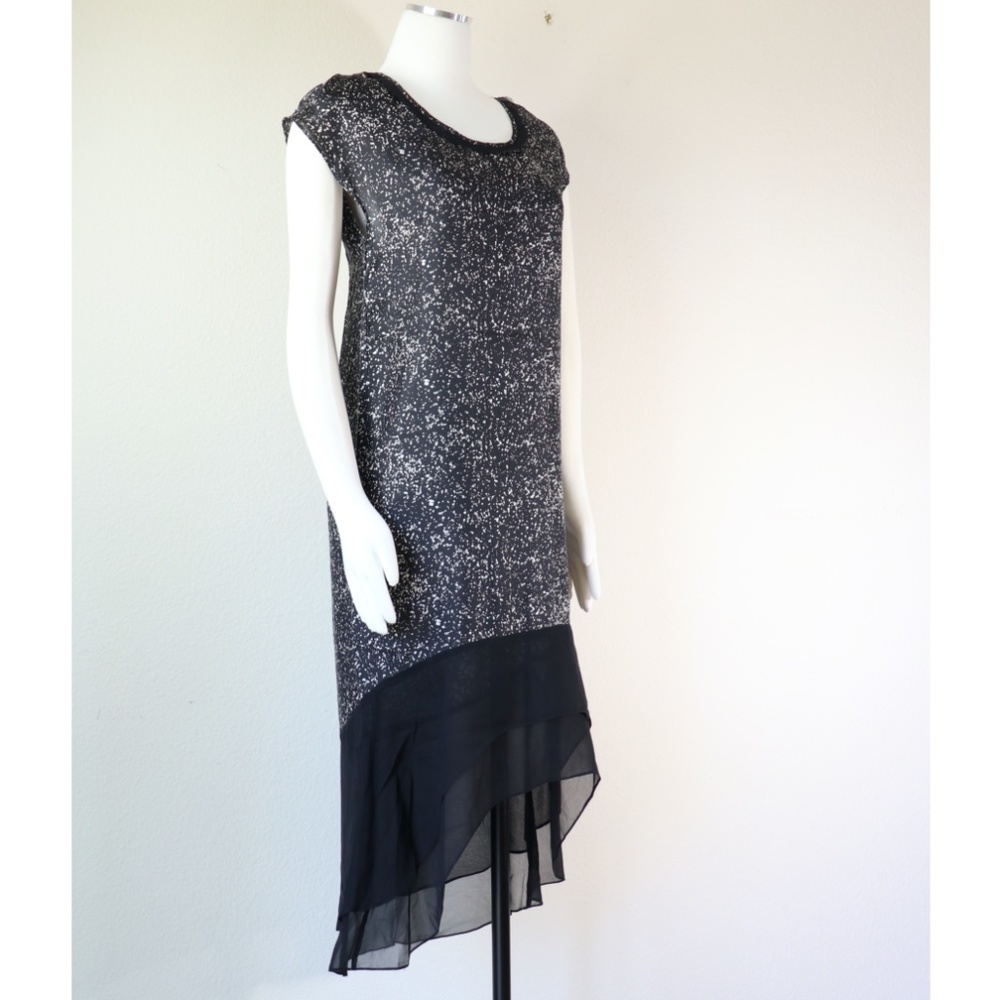 Cap sleeves silk shift dress w/ hi-low chiffon hem - Picture 6 of 12